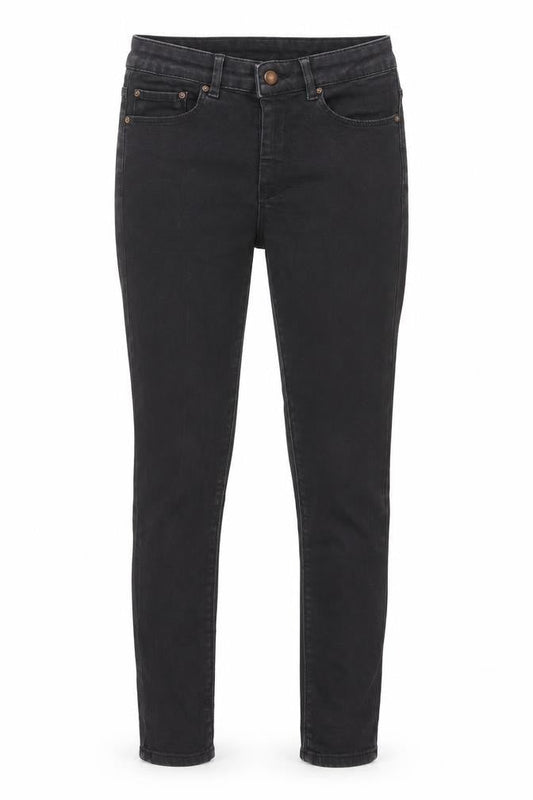 Front view of ASOS women’s black cotton skinny jeans, size UK 26, in, 32-inch leg regular zip