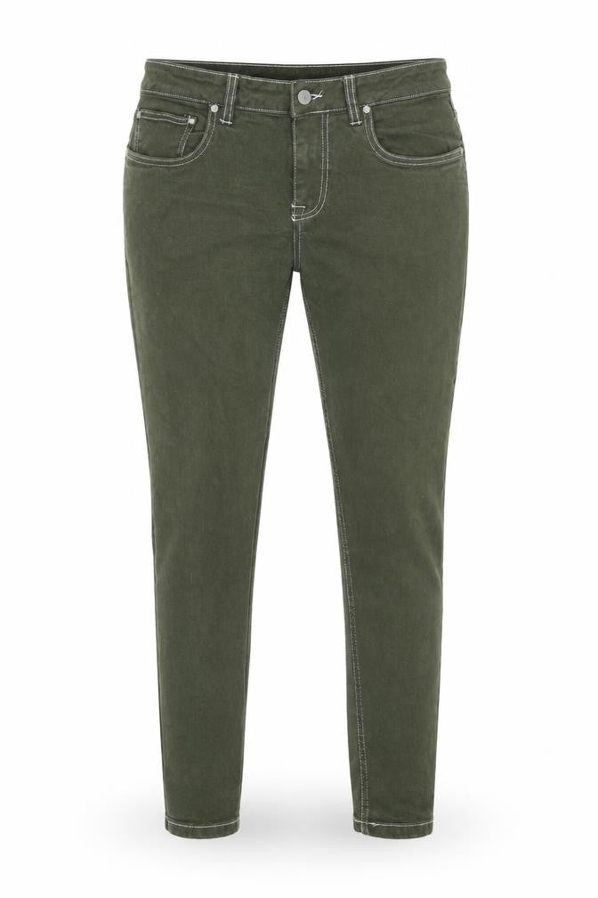 Front view of ASOS women’s green cotton skinny jeans, size UK 32, in, 30-inch leg regular zip - stitching detail
