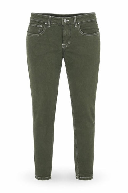 Front view of ASOS women’s green cotton skinny jeans, size UK 32, in, 30-inch leg regular zip - stitching detail