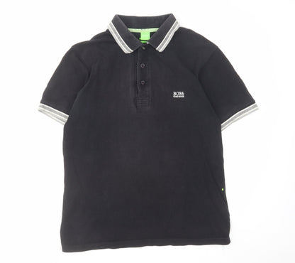 HUGO BOSS Mens Black Cotton Polo Size L Collared Button