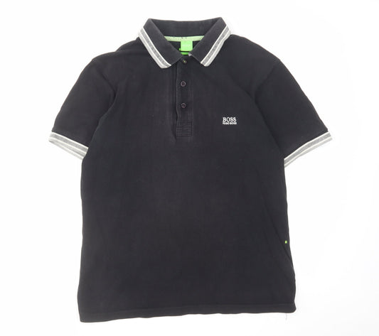 HUGO BOSS Mens Black Cotton Polo Size L Collared Button