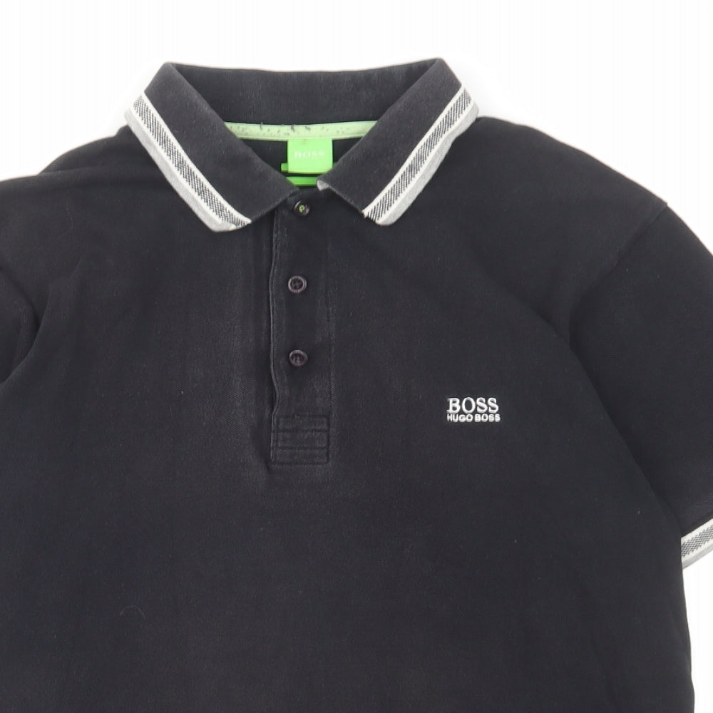 HUGO BOSS Mens Black Cotton Polo Size L Collared Button