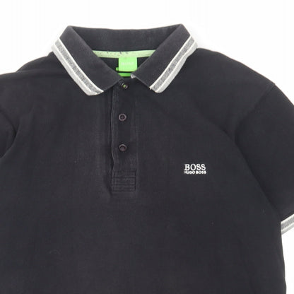 HUGO BOSS Mens Black Cotton Polo Size L Collared Button