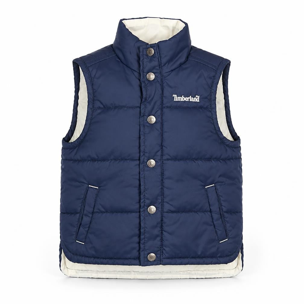 Front view of Timberland boys’ blue gilet jacket, size 3, years zip