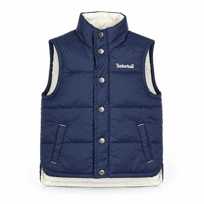Front view of Timberland boys’ blue gilet jacket, size 3, years zip
