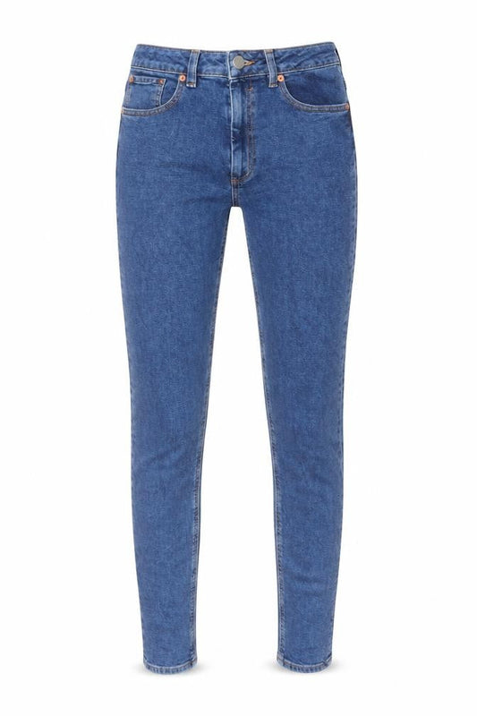 Front view of ASOS women’s blue cotton skinny jeans, size UK 28, in, 36-inch leg regular zip