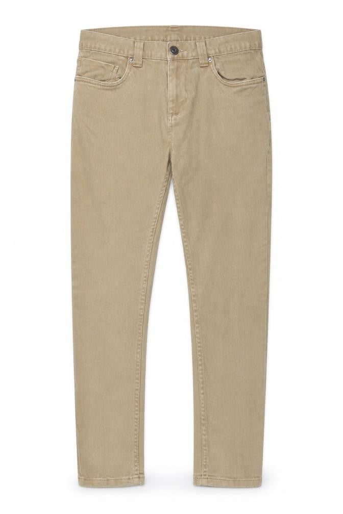 Front view of Denim & Co. men’s beige cotton skinny jeans, size 30, in, 30-inch leg slim zip