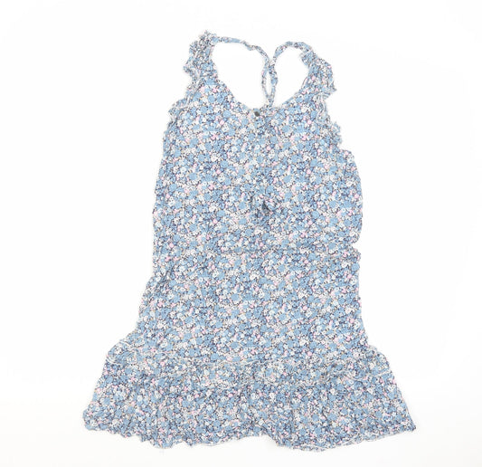 NAF NAF Womens Blue Floral Viscose Mini Size 8 Scoop Neck Button