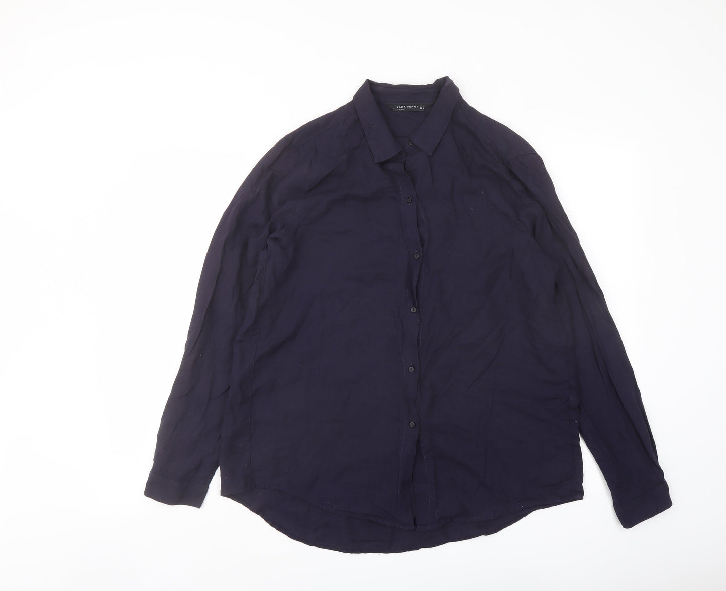 Zara Womens Blue Polyester Basic Button-Up Size L Collared