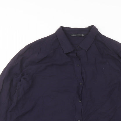 Zara Womens Blue Polyester Basic Button-Up Size L Collared