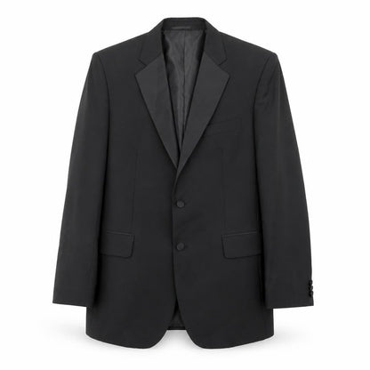Front view of Clemont Dirext men’s black polyester tuxedo suit jacket, size 40, regular