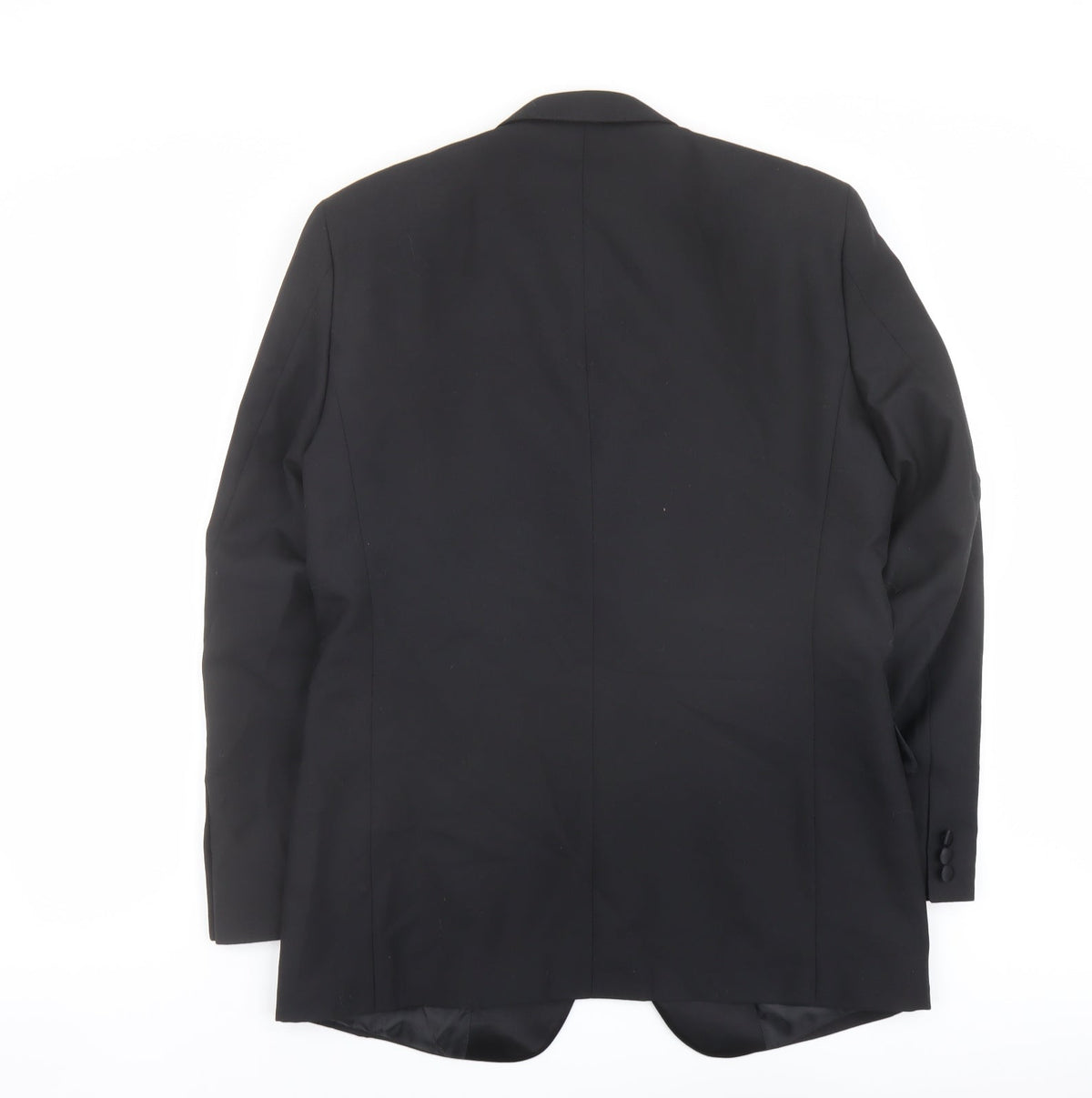 Back view of Clemont Dirext men’s black polyester tuxedo suit jacket, size 40, regular