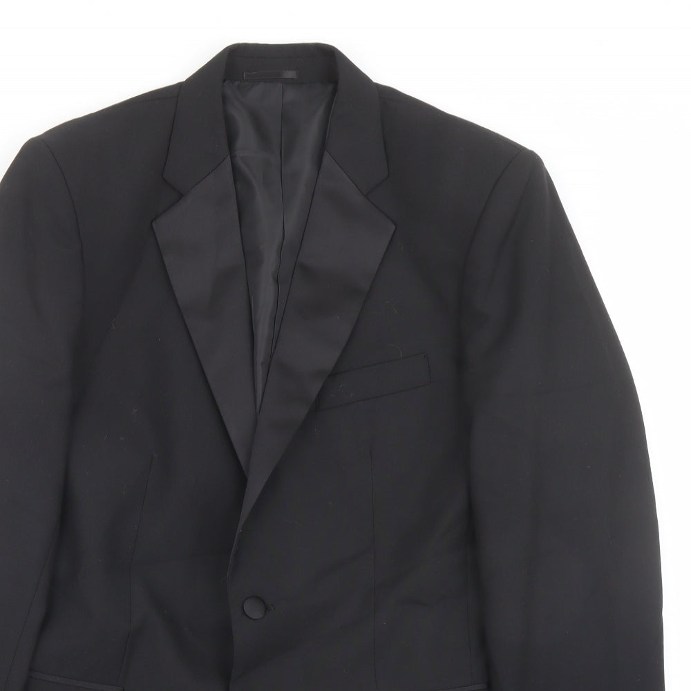 Close-up detail of Clemont Dirext men’s black polyester tuxedo suit jacket, size 40, regular