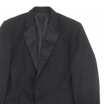 Close-up detail of Clemont Dirext men’s black polyester tuxedo suit jacket, size 40, regular