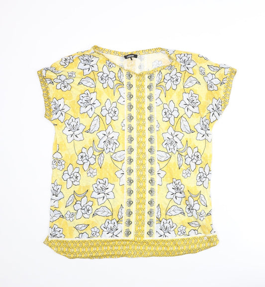 Olsen Womens Yellow Floral Polyester Basic T-Shirt Size 14 Round Neck
