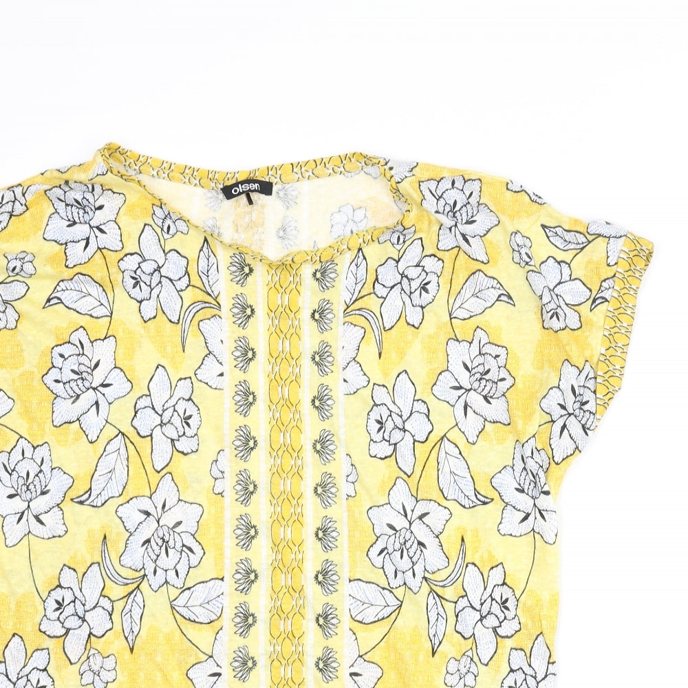 Olsen Womens Yellow Floral Polyester Basic T-Shirt Size 14 Round Neck