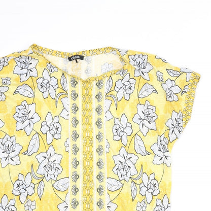 Olsen Womens Yellow Floral Polyester Basic T-Shirt Size 14 Round Neck