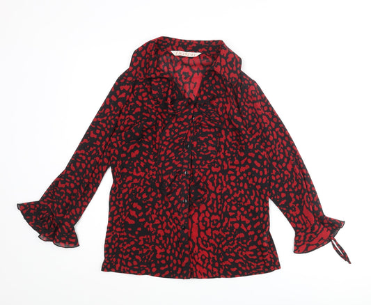 Daxon Womens Red Animal Print Polyester Basic Button-Up Size 12 Collared - Leopard Print