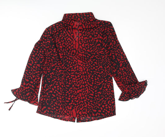 Daxon Womens Red Animal Print Polyester Basic Button-Up Size 12 Collared - Leopard Print
