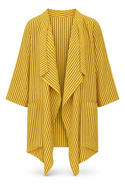 Front view of Wallis women’s yellow striped polyester kimono blouse, size UK 10, v-neck