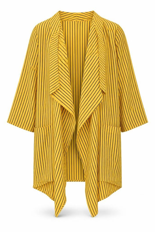 Front view of Wallis women’s yellow striped polyester kimono blouse, size UK 10, v-neck