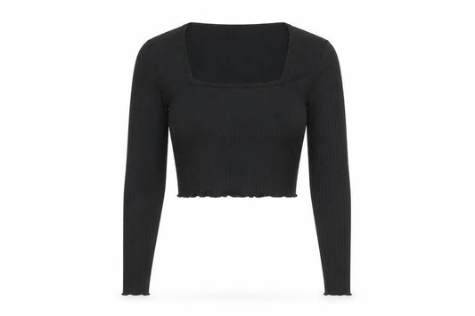 Front view of Red Herring women’s black polyester cropped t-shirt, size UK 10, square neck