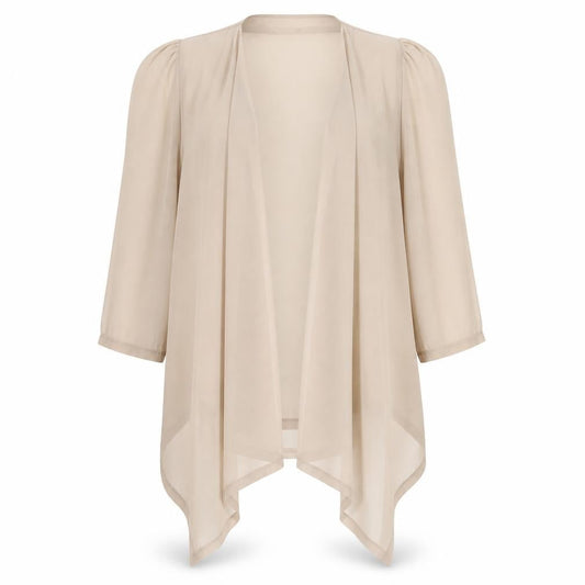 Front view of Miss Selfridge women’s beige polyester kimono blouse, size UK 8, v-neck
