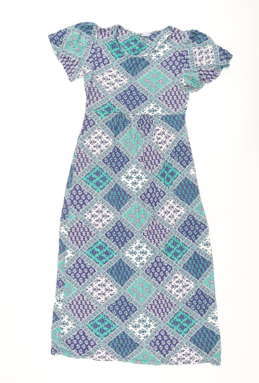 Cotton Traders Womens Blue Geometric Viscose A-Line Size 10 Round Neck Pullover