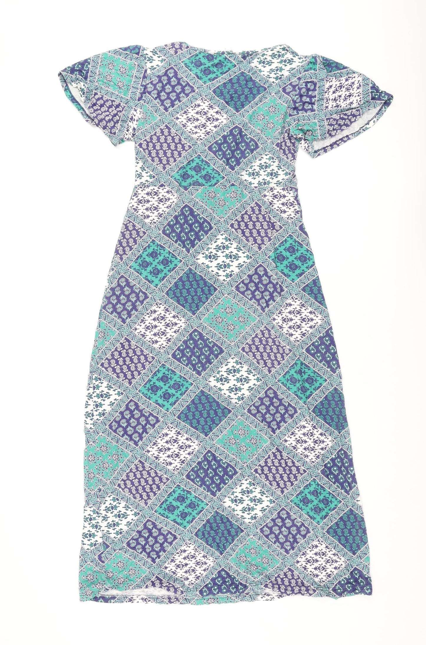 Cotton Traders Womens Blue Geometric Viscose A-Line Size 10 Round Neck Pullover