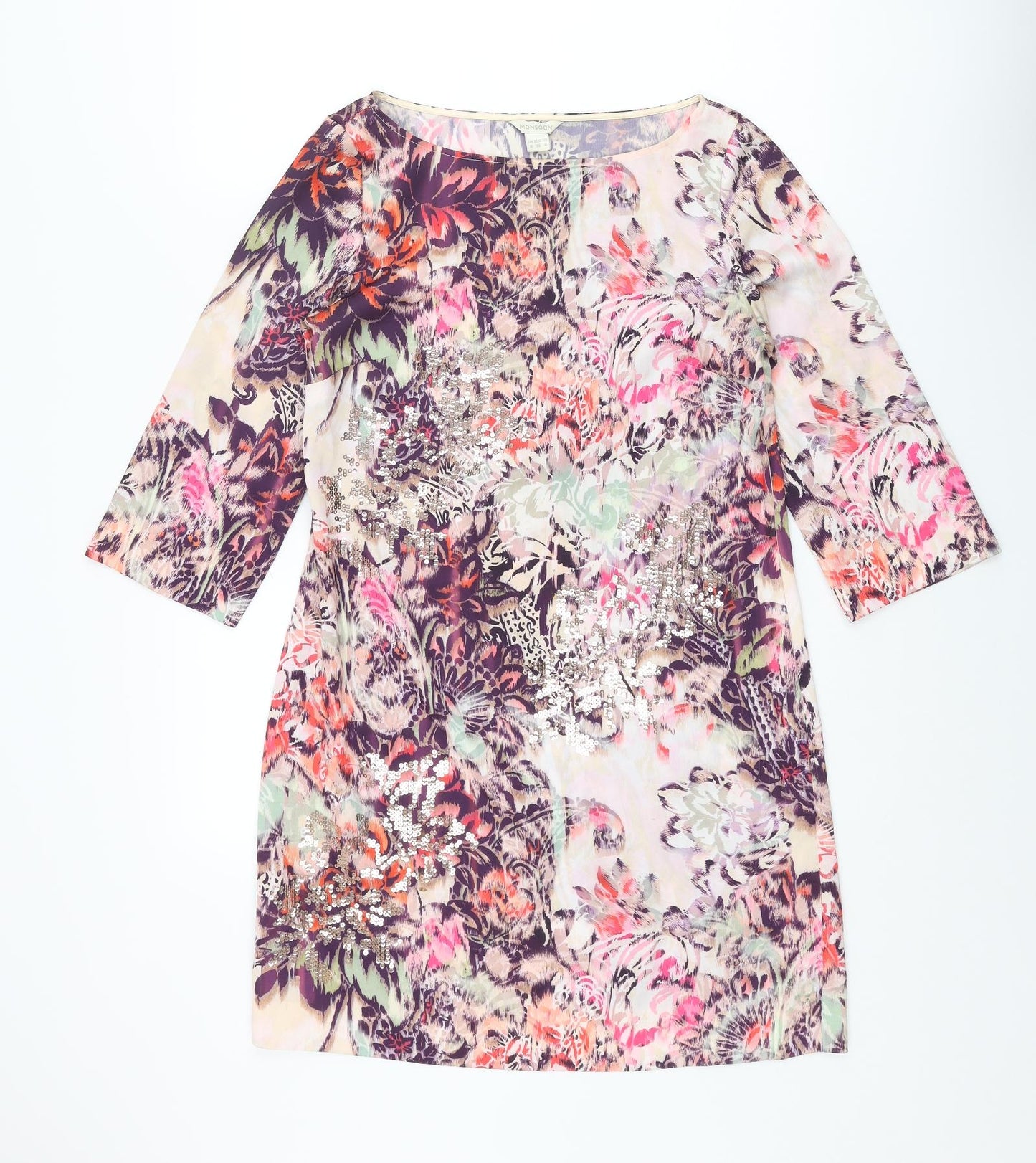 Monsoon Womens Multicoloured Geometric Polyester Shift Size 8 Boat Neck Pullover