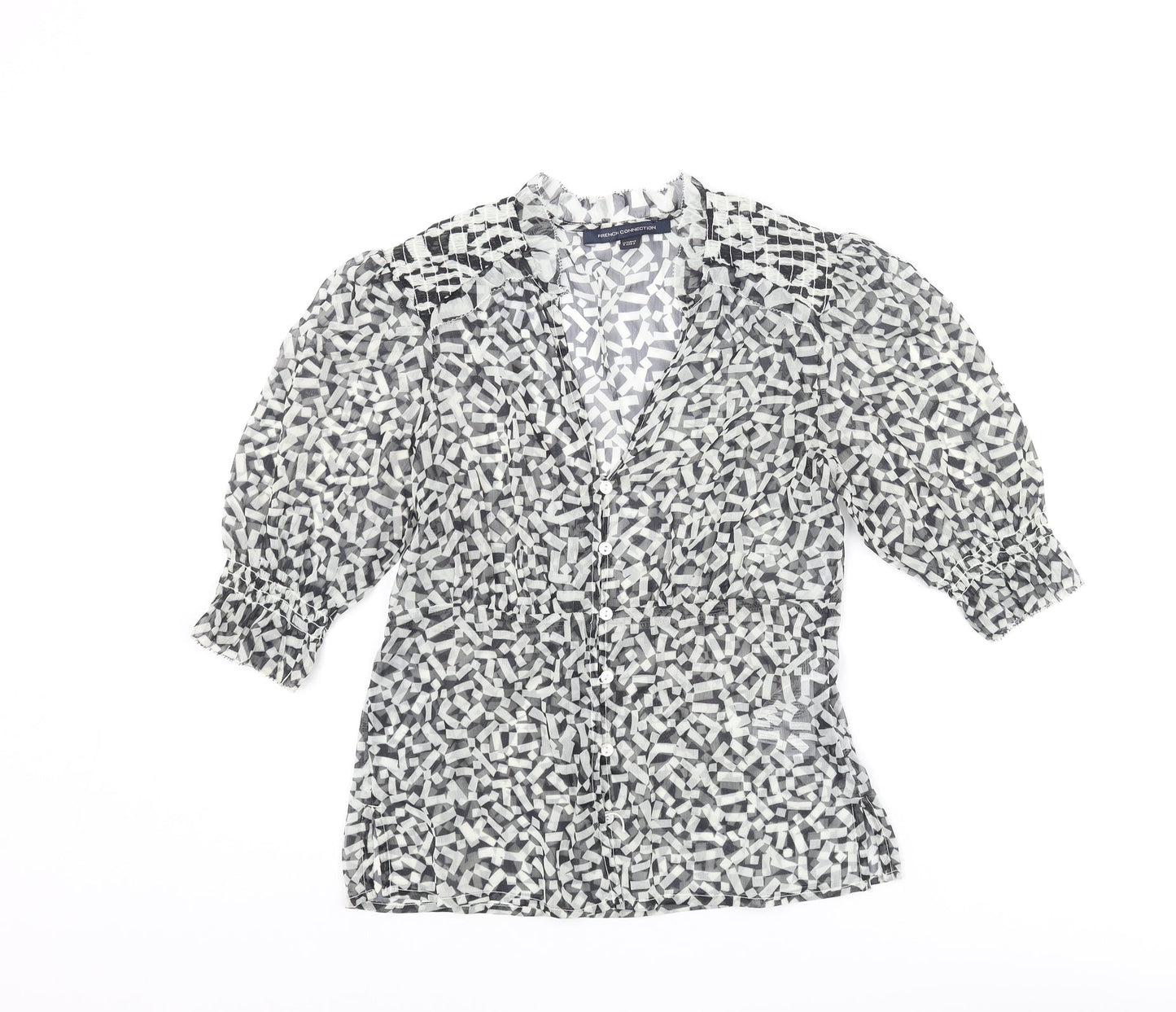 French Connection Womens Black Geometric Polyester Basic Button-Up Size 6 V-Neck