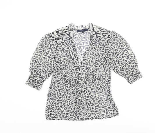 French Connection Womens Black Geometric Polyester Basic Button-Up Size 6 V-Neck