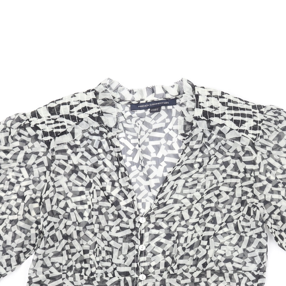French Connection Womens Black Geometric Polyester Basic Button-Up Size 6 V-Neck