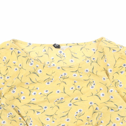 Divided by H&M Womens Yellow Floral Polyester Cropped Blouse Size M Scoop Neck