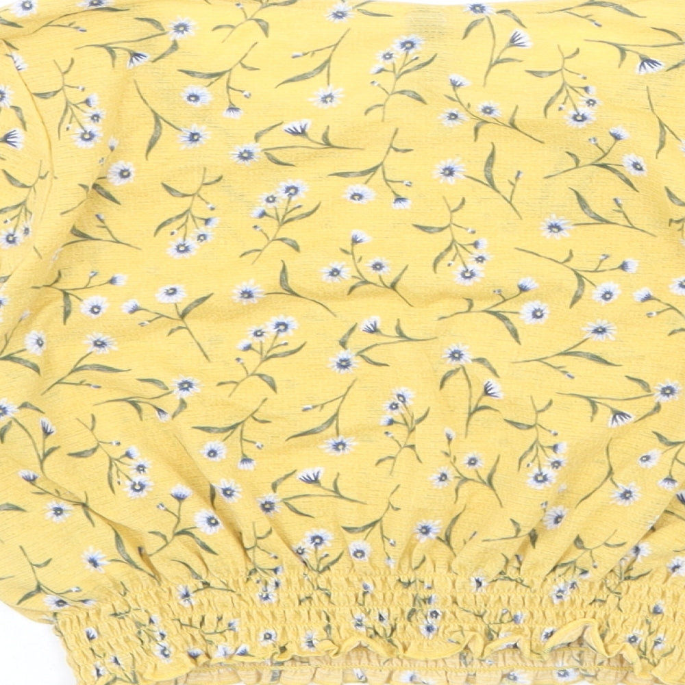 Divided by H&M Womens Yellow Floral Polyester Cropped Blouse Size M Scoop Neck