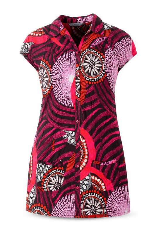 Front view of Red Herring women’s multicoloured geometric polyester shirt dress, size UK 8, collared button