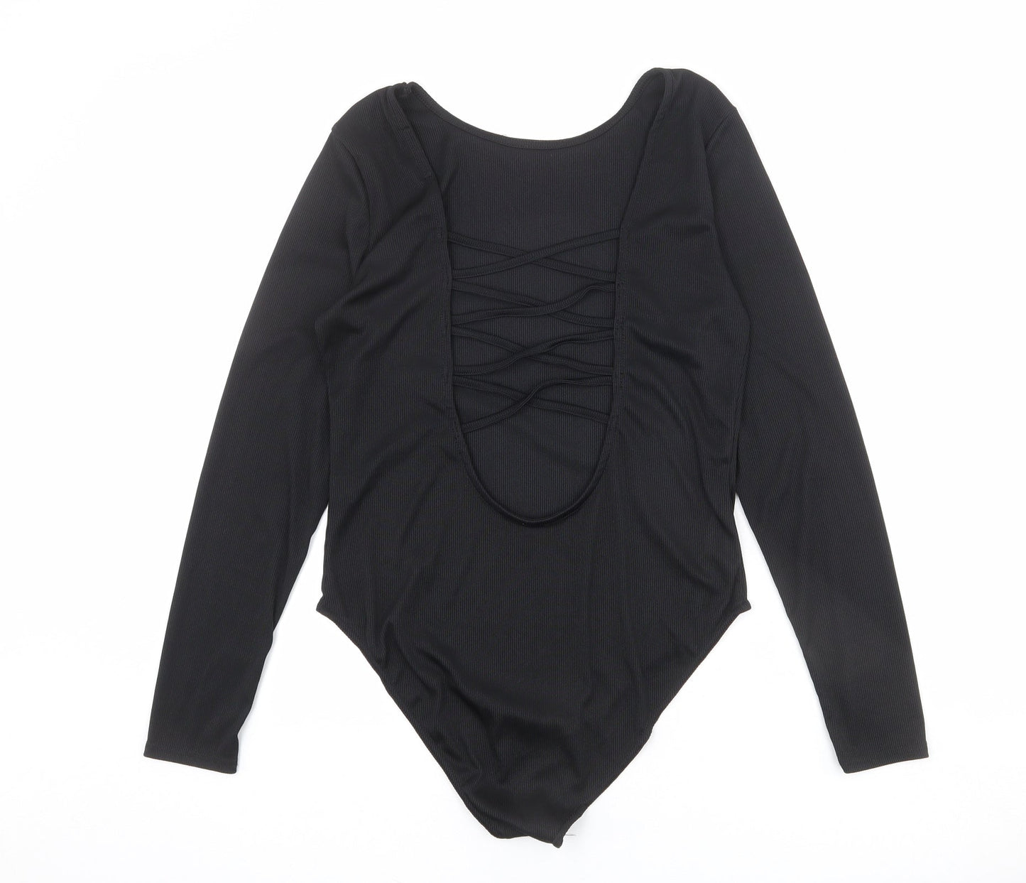 Missguided Womens Black Polyester Bodysuit One-Piece Size 14 Snap - Lace Up Back Detail