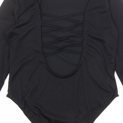 Missguided Womens Black Polyester Bodysuit One-Piece Size 14 Snap - Lace Up Back Detail