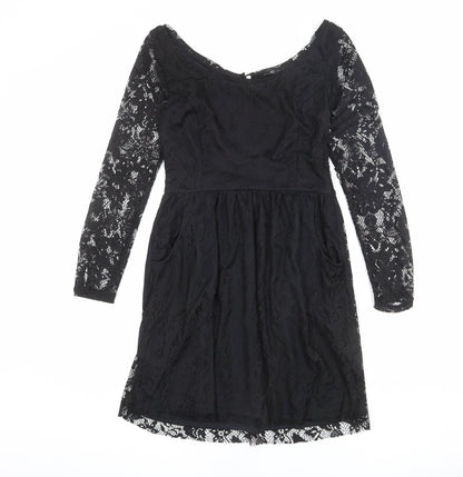 Zara Womens Black Polyester A-Line Size M Boat Neck Button - Lace