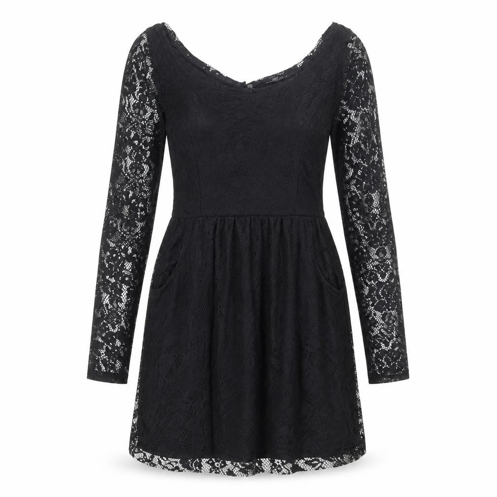 Zara Womens Black Polyester A-Line Size M Boat Neck Button - Lace