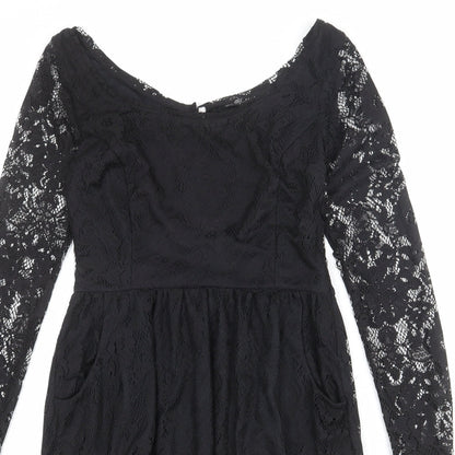 Zara Womens Black Polyester A-Line Size M Boat Neck Button - Lace