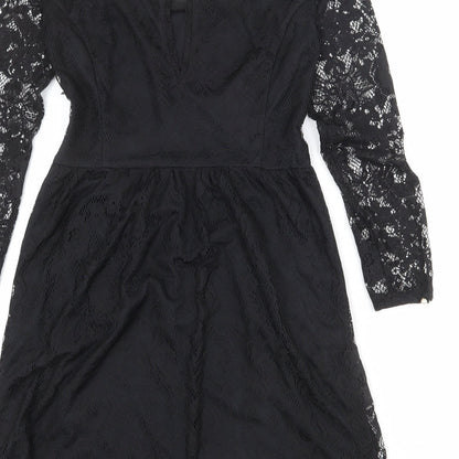 Zara Womens Black Polyester A-Line Size M Boat Neck Button - Lace