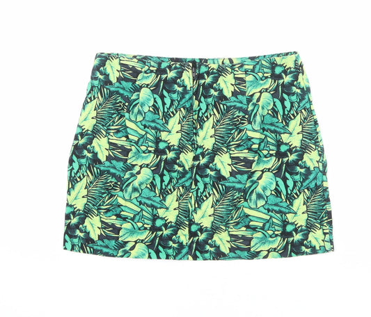 Divided by H&M Womens Green Geometric Cotton A-Line Skirt Size 10 Zip - Leaf pattern