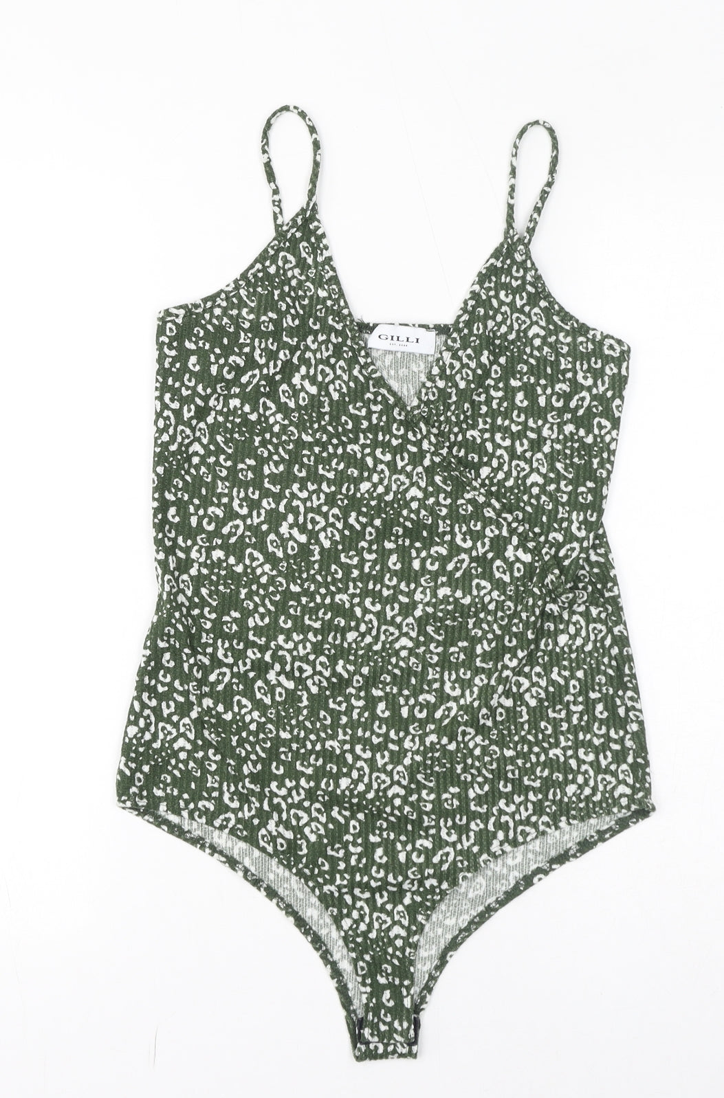 Gilli Womens Green Animal Print Polyester Bodysuit One-Piece Size L Button - Leopard Print