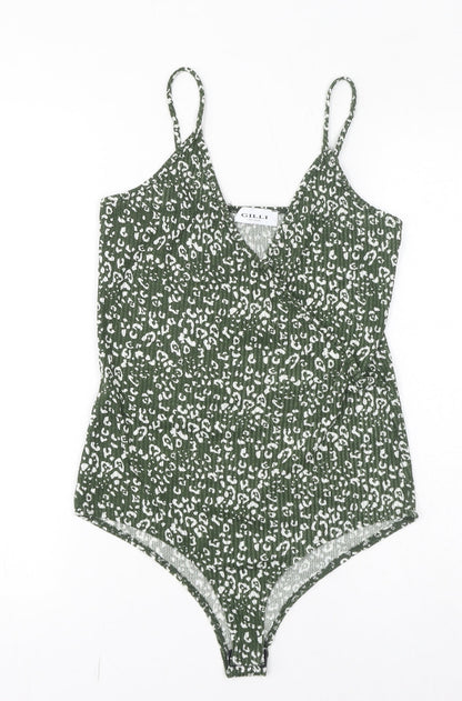 Gilli Womens Green Animal Print Polyester Bodysuit One-Piece Size L Button - Leopard Print