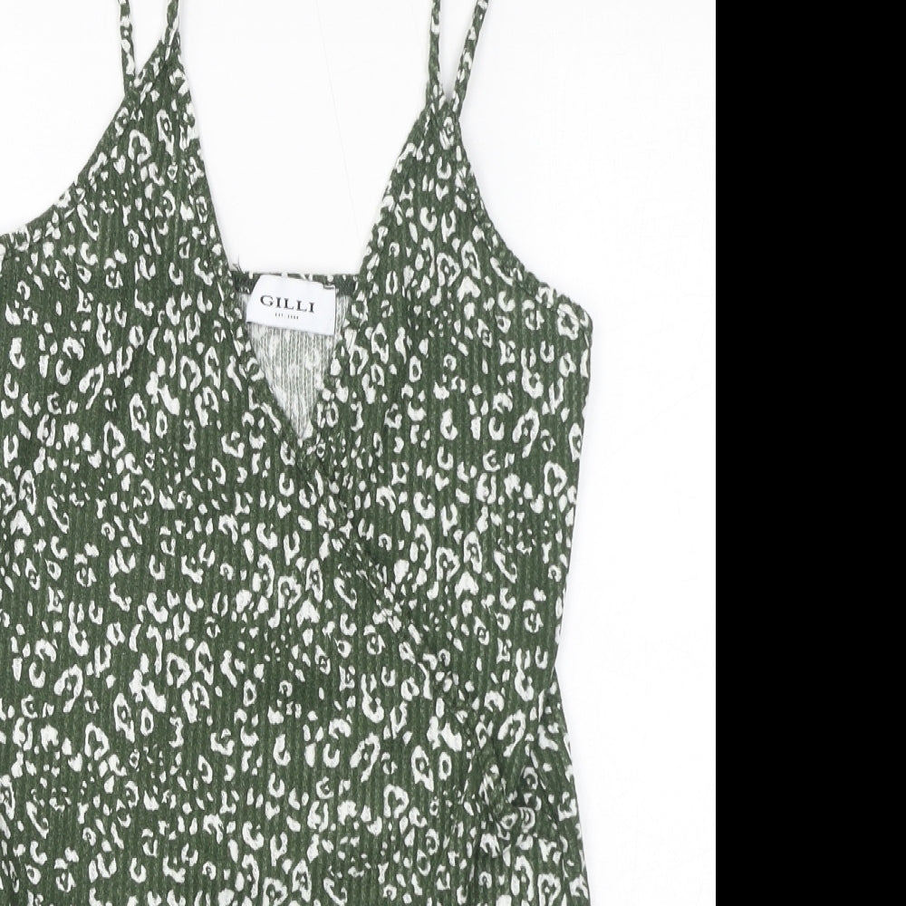 Gilli Womens Green Animal Print Polyester Bodysuit One-Piece Size L Button - Leopard Print