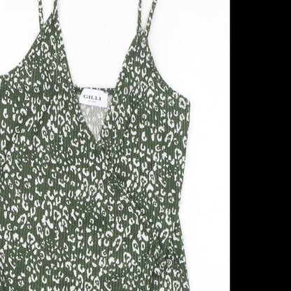 Gilli Womens Green Animal Print Polyester Bodysuit One-Piece Size L Button - Leopard Print