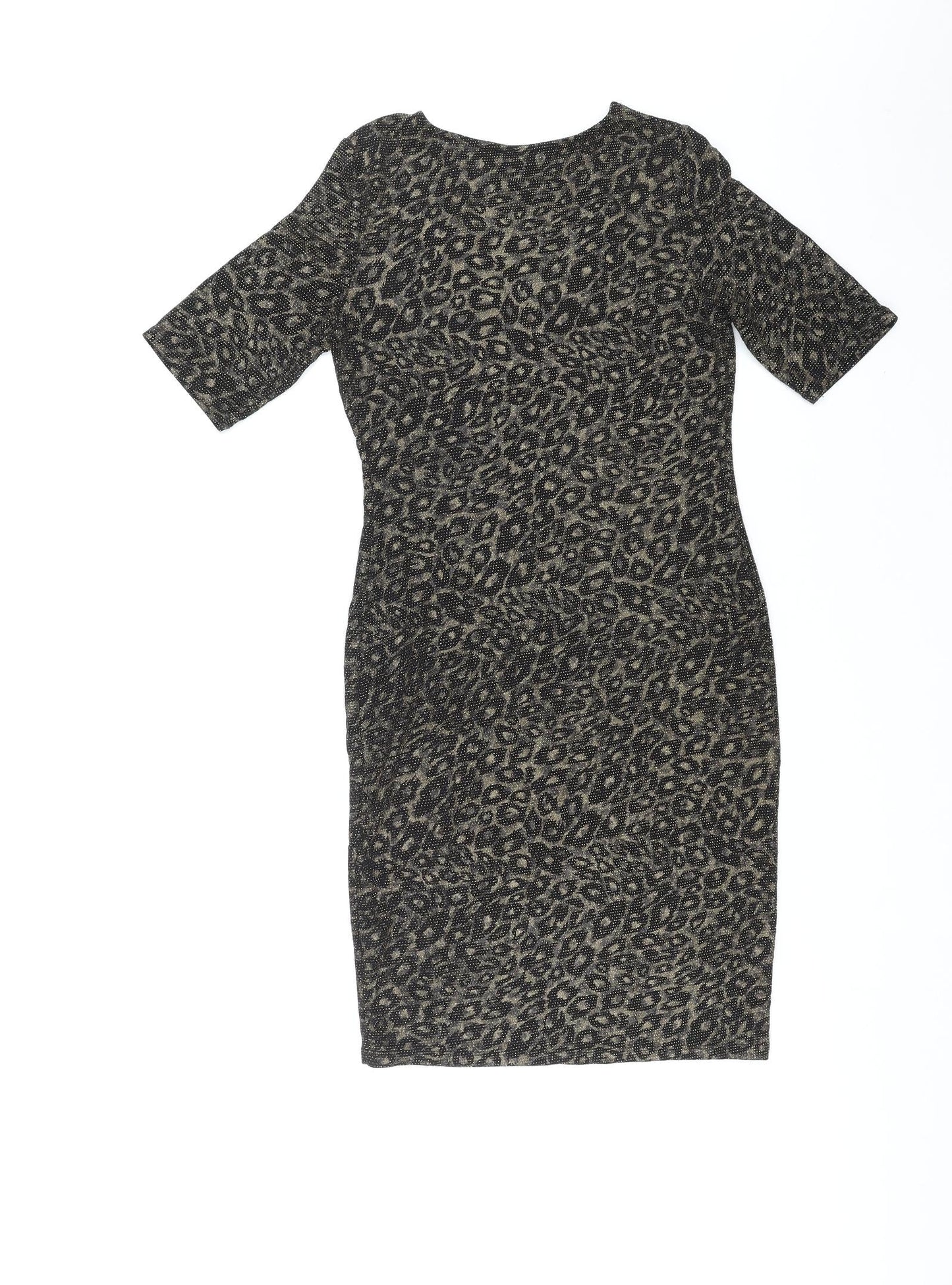 Forever Womens Gold Animal Print Polyester Shift Size 8 Round Neck Pullover - Leopard Pattern
