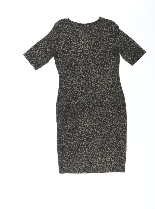 Forever Womens Gold Animal Print Polyester Shift Size 8 Round Neck Pullover - Leopard Pattern