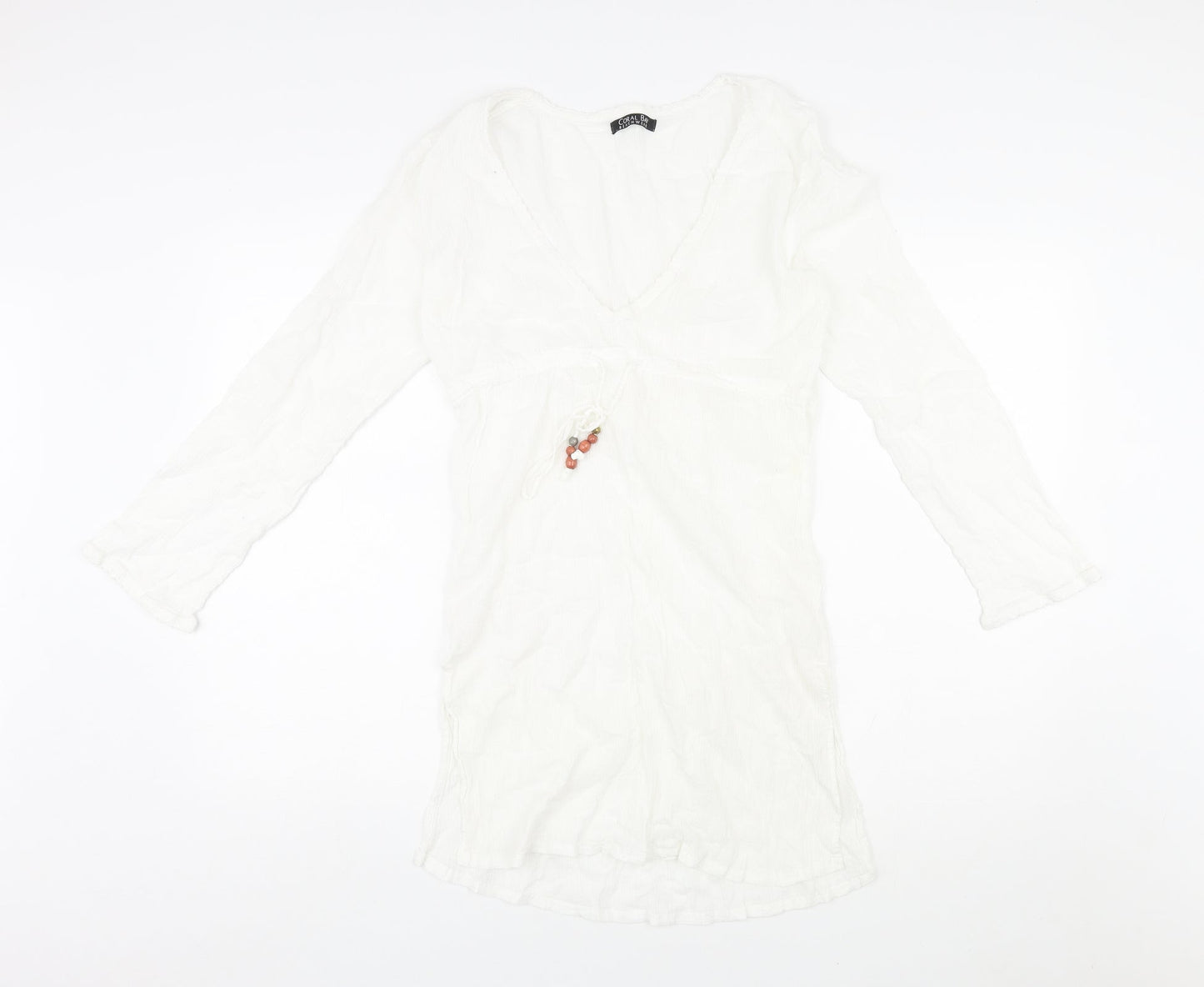 Coral Bay Womens White Polka Dot Cotton Shift Size M V-Neck Pullover - Drawstring Detail